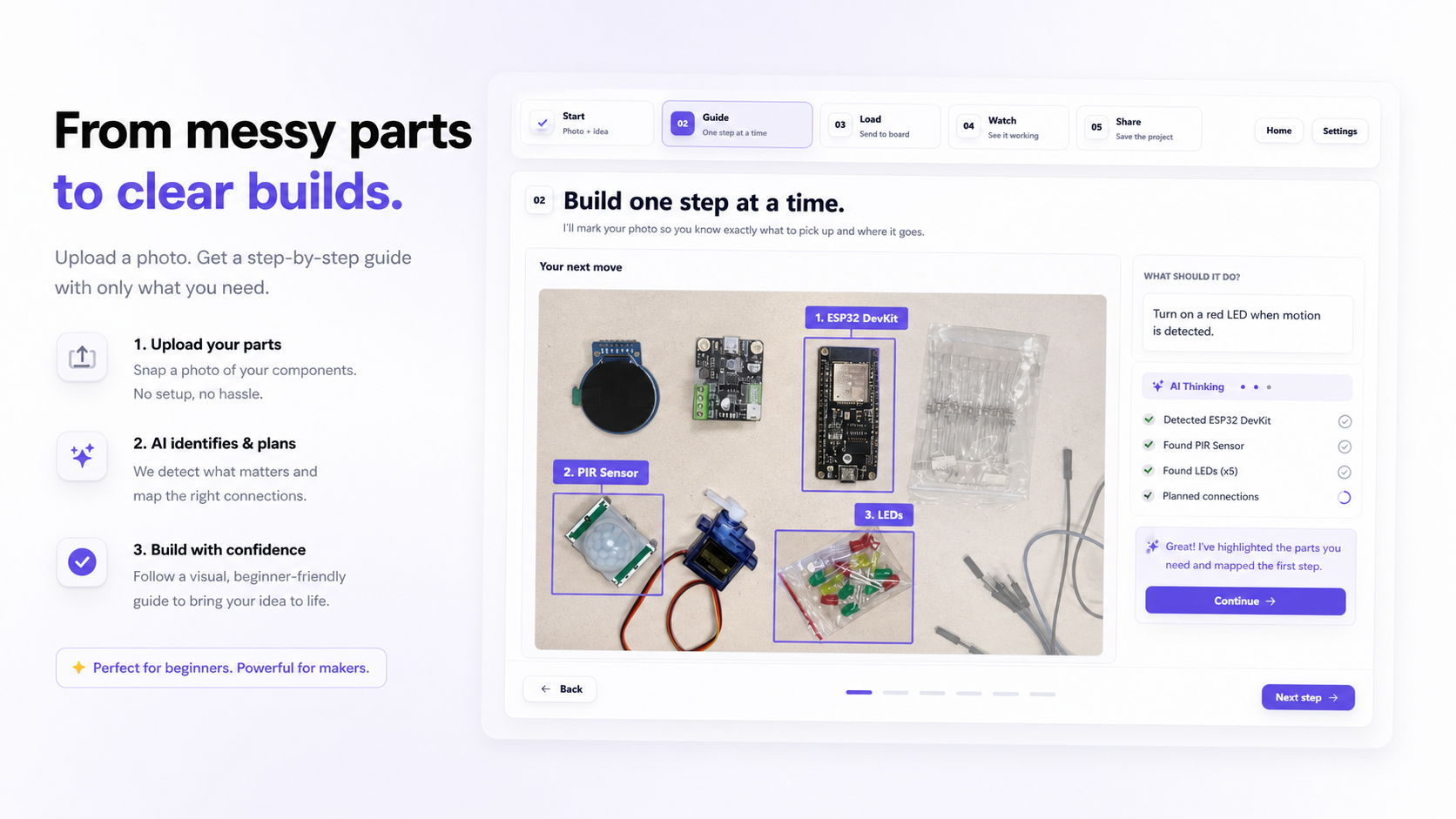 GeckCo AI transforming a parts photo into a clean guided build plan